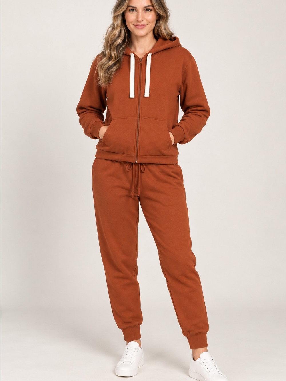 Zenana Rust Brown Zip-Up Hoodie & Jogger Pants Matching Set. Small. French Terry